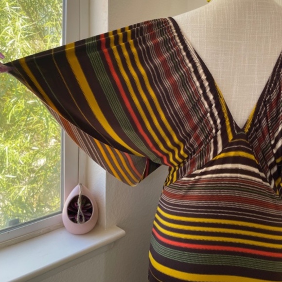Viva You | Multicolor Brown Striped Midi Dress | 2000s Cape Sleeve V-Neck Size S - Picture 6 of 8